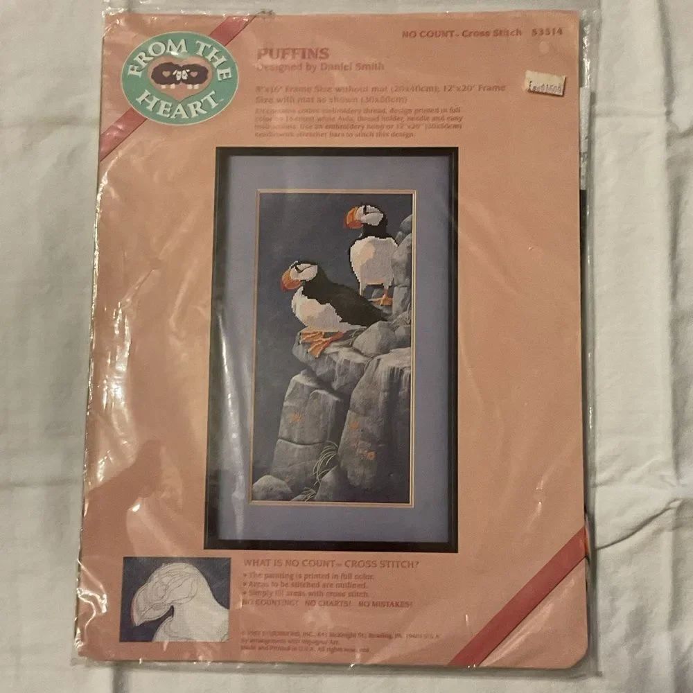 New Old Stock Vintage Puffins No Count Cross Stitch Kit